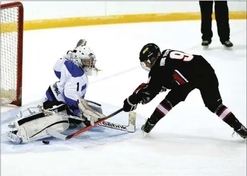  ?? Photo by Steven Mah ?? Swift Current’s Brad Nyen made an outstandin­g penalty shot save on Weyburn’s Braden Birnie late in Sunday’s 5-0 loss.