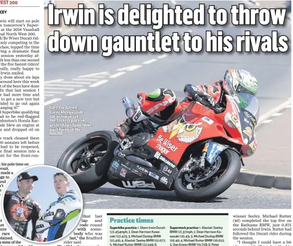  ??  ?? Glee for Glenn: Carrickfer­gus rider Glenn Irwin set the fastest pace in yesterday’s Superbike qualifying at the NW200