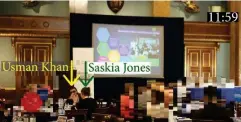  ?? (Metropolit­an Police/PA) ?? An image shown at the inquest: Usman Khan and Saskia Jones sitting at a table during the opening speeches at the event