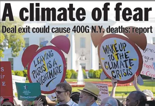  ?? SUSAN WALSH/AP ?? Protesters gather outside the White House after President Trump’s decision to pull the U.S. from the Paris climate change accord. Joe Biden (below l.) has said the U.S. will rejoin the agreement if elected president, while Rep. Carolyn Maloney (below r.) warns of the pullout’s danger.