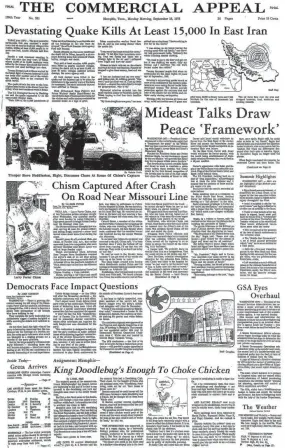  ?? THE COMMERCIAL APPEAL ?? A historic front page from Sept. 18, 1978.