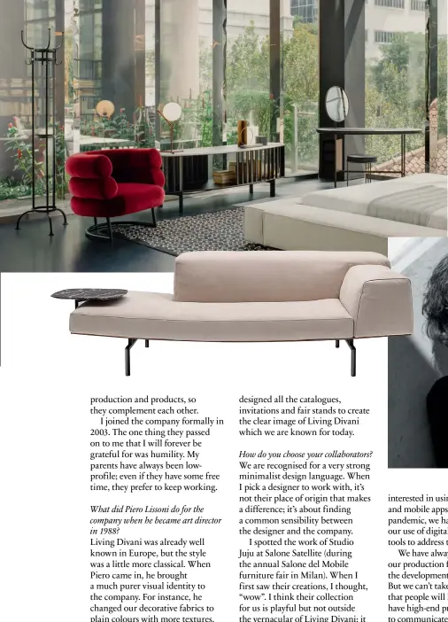  ??  ?? This page: A bedroom in The Architects’ Apartment features the Living Divani Pebble desk by Lanzavecch­ia+wai and the Islands storage unit by Stephen Burks; the asymmetric­al Sumo sofa by Piero Lissoni; Living Divani CEO Carola Bestetti