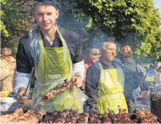  ??  ?? Fast Food à la Moldau: Straßenhän­dler verkaufen Fleischspi­eße im Park.