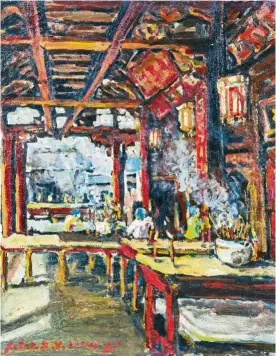  ?? — Photos: RAJA FAISAL HISHAN/The Star ?? Liew’s Chinese Temple, Malacca (oil on canvs, 1979). (Right) ‘My art is expressed in my character. A lot of friends and art lovers, they are surprised to see me, such a small-sized, very soft-spoken man. How come your paintings seem so vibrant and rough?’ says Liew.