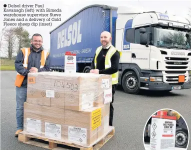  ??  ?? ● Delsol driver Paul Kavanagh (left) with Bimeda warehouse supervisor Steve Jones and a delivery of Gold Fleece sheep dip (inset)