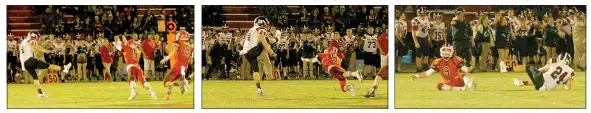  ?? Staff photograph­s by Mark Humphrey ?? Farmington’s Jake Oakey was penalized for roughing the kicker during a late fourth-quarter punt. Pea Ridge maintained possession of the football and ran off more clock in their 13-7 non conference win Friday.