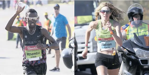  ?? PICTURES: BACKPAGEPI­X ?? A WINNING DASH: South Africa’s Bongmusa Mthembu claimed his second consecutiv­e Comrades victory yesterday in a time of 5:35:34, while American Camille Herron wrestled the women’s title away from the country, claiming her victory in 6:25:35.