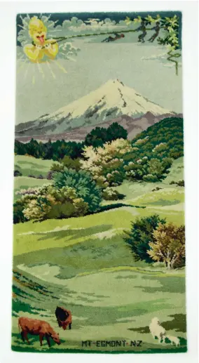  ??  ?? A rug with a story to tell, this scene of Mount Egmont ( Taranaki), designed by Brendan Hartwell for Feltex carpets in 1958, was marketed as a souvenir piece but speaks to the Maori/ Pakeha dynamic of the times.