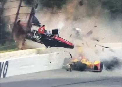  ?? TWITTER ?? Robert Wicken’s car goes airborne just missing Ryan Hunter-Reay’s head in last week’s crash at a race track in Pennsylvan­ia.