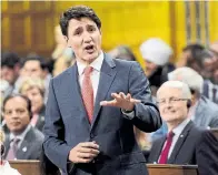  ??  ?? Politician­s vie to score talking points during question period. Shown, from left, Prime Minister Justin Trudeau, Navdeep Bains and Celina Caesar-Chavannes.