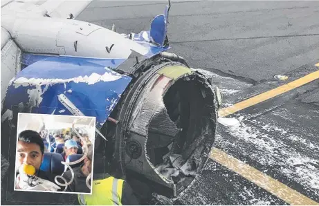  ?? DAMAGE: The engine on the Southwest Airlines plane is inspected as it sits on the runway in Philadelph­ia after making an emergency landing. INSET: Facebook image from the page of passenger Marty Martinez of the scene inside the plane. Pictures: AP, FACEBO ??