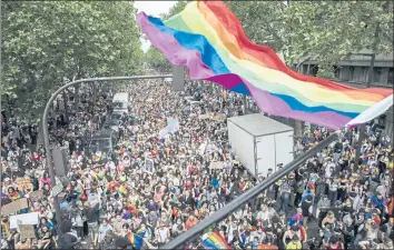  ?? LEWIS JOLY — THE ASSOCIATED PRESS ?? Crowds are seen at the annual Gay Pride march in Paris on Saturday. This year’s march comes amid widespread fury and concern in Europe about legislatio­n in EU-member nation Hungary that will ban showing content about LGBT issues.