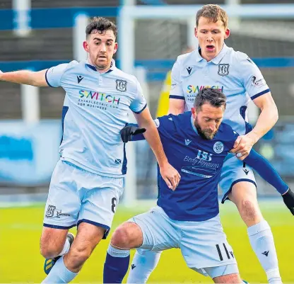  ?? SNS. ?? Jordon Forster, left, celebrates after scoring his first goal for the Dens club with the winner at Palmerston; above: Shaun Byrne and Christophe Berra close down striker Stephen Dobbie.