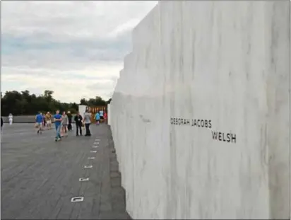  ??  ?? The name of Delaware County native Deborah Jacobs Welsh, a flight attendent, adorns one of the memorials to the crew and passengers at the Flight 93 Memorial.