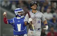  ?? FRANK GUNN — THE CANADIAN PRESS VIA AP ?? The Rockies’ Ezequiel Tovar reacts after striking out against Blue Jays pitcher José Berríos during the fifth inning in Toronto on Sunday.