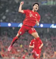  ??  ?? Bayern Munich's Serge Gnabry celebrates scoring their third goal.
AFP