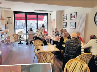  ?? Above, the interior of the Old Post House cafe in Parbold Left, Thomas Leatherbar­row, 103, cuts the ribbon to open it ??