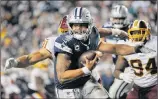  ?? Mark Tenally / Associated Press ?? Washington’s Ryan Kerrigan closes in on Dallas QB Dak Prescott forcing a fumble which Preston Smith recovered for a Redskins’ touchdown to seal Washington’s 20-17 win over the Cowboys Sunday.