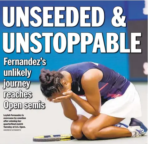  ?? ANDREW SCHWARTZ ?? Leylah Fernandez is overcome by emotion after winning her quarterfin­al match Tuesday at U.S. Open.