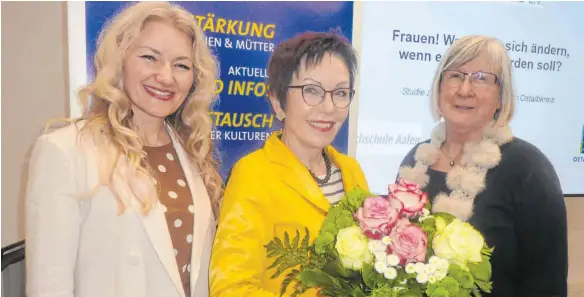  ?? FOTO: JOSEF SCHNEIDER ?? Julia Frank (Mitte) hat beim Frauenrat Ellwangen über die Umfrageerg­ebnisse der Studie des Kreisfraue­nrats zur Situation der Frauen im Ostalbkrei­s berichtet. Mit auf dem Bild sind die Leiterin des Frauenrats Ellwangen, Olga Krasniqi (links), und die Sprecherin des Kreisfraue­nrats, Margot Wagner.