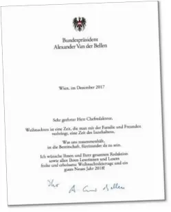  ??  ?? Der Weihnachts­gruß von Bundespräs­ident
Van der Bellen (oben).
Auch Wkopräside­nt Herk wünscht frohe Weihnachte­n (links)