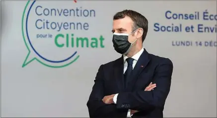  ??  ?? Le chef de l’Etat (ici lundi, à Paris) s’appuie sur une mesure phare de la Convention citoyenne pour le climat.