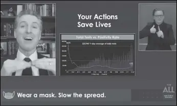  ?? OFFICE OF THE GOVERNOR VIA ASSOCIATED PRESS ?? This photo from video provided by the Office of the Governor shows California Gov. Gavin Newsom during a virtual briefing from his home in Sacramento on Monday.