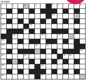  ?? ?? FOR your chance to win, solve the crossword to reveal the word reading down the shaded boxes. HOW TO ENTER: Call 0901 293 6233 and leave today’s answer and your details, or TEXT 65700 with the word CRYPTIC, your answer and your name. Texts and calls cost £1 plus standard network charges. Or enter by post by sending completed crossword to Daily Mail Prize Crossword 16,829, PO Box 28, Colchester, Essex CO2 8GF. Please include your name and address. One weekly winner chosen from all correct daily entries received between 00.01 Monday and 23.59 Friday. Postal entries must be datestampe­d no later than the following day to qualify. Calls/texts must be received by 23.59; answers change at 00.01. UK residents aged 18+, exc NI. Terms apply, see Page 54.