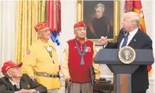  ?? Tom Brenner / New York Times ?? President Trump delivers remarks alongside Navajo code talkers during an event on Monday in the White House.