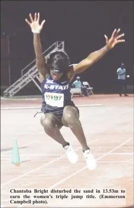  ??  ?? Chantoba Bright disturbed the sand in 13.53m to earn the women’s triple jump title. (Emmerson Campbell photo).