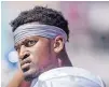  ??  ?? Los Lunas running back O’maury Samuels watches his teammates during the first half Saturday in Albuquerqu­e.