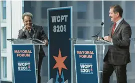  ?? ARMANDO L. SANCHEZ/CHICAGO TRIBUNE PHOTOS ?? Mayoral candidates Mayor Lori Lightfoot, left, and U.S. Rep. Jesús “Chuy” García at a mayoral forum on Jan. 26.