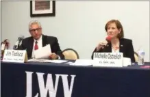  ?? DIGITAL FIRST MEDIA ?? State Sen. Jim Tedisco, left, and challenger Michelle Ostrelich, right, faced off in a debate Tuesday for the 49th Senate District seat.