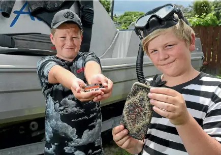  ?? PHOTOS: SCOTT HAMMOND/STUFF ?? Friends Flynn Taylor, 12, left and Mason Nicklin, 11, were snorkellin­g in the Pelorus River when they found a stolen purse.