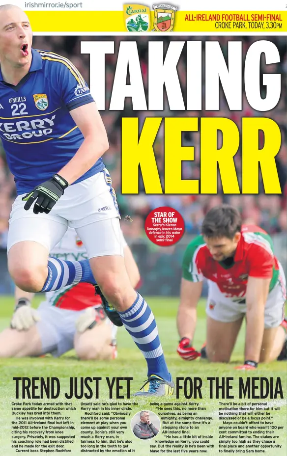  ??  ?? STAR OF THE SHOW Kerry’s Kieran Donaghy leaves Mayo defence in his wake in epic 2014 semi-final