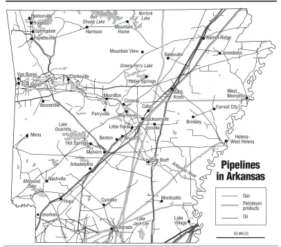  ?? SOURCE: Arkansas Geological Commission
Arkansas Democrat-Gazette ?? Arkansas has more than 35,700 miles of pipeline carrying natural gas and hazardous liquids, such as oil and petroleum products. Interstate pipelines, like Exxon Mobil’s Pegasus pipeline, that pass through Arkansas are regulated by the U.S. Department...