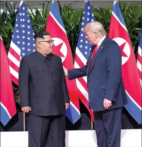  ?? The New York Times/DOUG MILLS ?? President Donald Trump and Kim Jong Un of North Korea greet each other today before their meeting on Sentosa Island in Singapore.