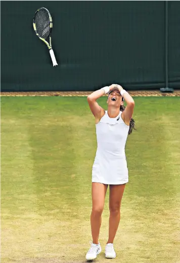  ??  ?? Johanna Konta throws her racket in delight after becoming the first British woman to reach the last eight of Wimbledon since 1984. Andy Murray also won, but former champion Rafael Nadal was beaten 15-13 by Gilles Muller in an epic final set