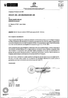  ??  ?? | Carta al Ministro de Salud pidiendo vacunas para Arequipa |