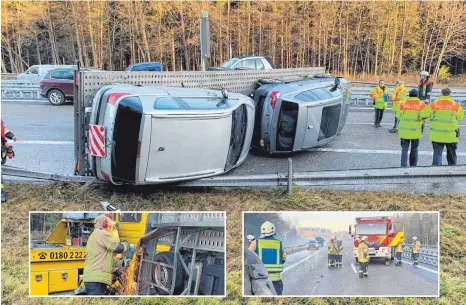  ?? FOTOS: FEUERWEHR LINDAU ?? Ein Autotransp­orter ist Samstagnac­hmittag auf der Lindauer Autobahn ins Schleudern gekommen und umgekippt.