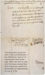  ?? NATIONAL ARCHIVES ?? This document shows the vote on the Lee Resolution — the affirmativ­e votes of 12 colonies are listed at the right. New York cast no vote until the newly elected New York Convention upheld the Declaratio­n of Independen­ce on July 9, 1776.