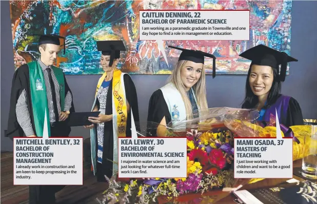  ?? Picture: ANNA ROGERS ?? ACHIEVERS: CQUniversi­ty Cairns graduates Mitchell Bentley, Kea Lewry, Caitlin Denning and Mami Osada at the ceremony at Cairns Convention Centre.