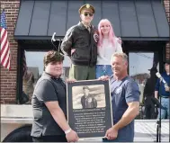  ?? PHOTO BY JESI YOST — MEDIANEWS GROUP ?? Retired Marine Corps. Col. Keith A Seiwell and his daughter Sara Seiwell stand in front of the General Carl Spaatz National U.S. Army Air Forces Museum and behind the plaque honoring Seiwell for his efforts to open the museum dedicated to a Boyertown native.