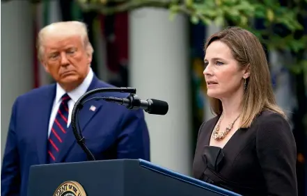  ?? AP ?? Judge Amy Coney Barrett speaks after President Donald Trump announced Barrett as his nominee to the Supreme Court, in the Rose Garden at the White House.