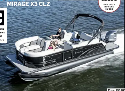  ??  ?? Price: $59,769
SPECS: LOA: 23'8" BEAM: 8'6" DRAFT: NA DRY WEIGHT: 2,380 lb. SEAT/WEIGHT CAPACITY: 12/2,550 lb. FUEL CAPACITY: 60 gal.
HOW WE TESTED: ENGINE: Yamaha F250 four-stroke 250 hp DRIVE/PROP: Outboard/153/4" x 13" Saltwater Series II 3-blade stainless steel GEAR RATIO: 1.75:1 FUEL LOAD: 60 gal. CREW WEIGHT: 250 lb.