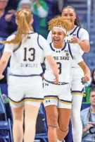  ?? MATT CASHORE/USA TODAY SPORTS ?? Notre Dame Fighting Irish guard Hannah Hidalgo (3) celebrates after a basket in the first half against the Northweste­rn Wildcats at the Purcell Pavilion on Wednesday.