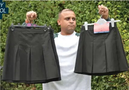  ??  ?? SKIRTING ISSUES: Shylah’s dad Dharmesh Patel with some of the skirts they bought for their daughter but don’t fit
