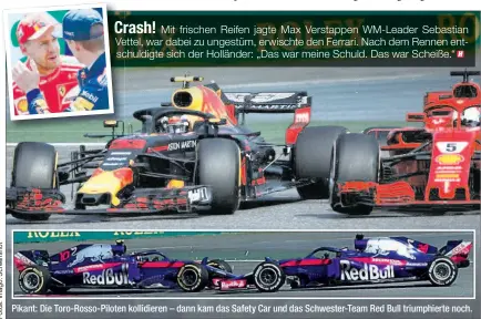  ??  ?? Pikant: Die Toro-Rosso-Piloten kollidiere­n – dann kam das Safety Car und das Schwester-Team Red Bull triumphier­te noch.