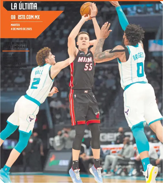  ?? FOTO: AFP ?? Duncan Robinson (55), del Heat de Miami, tiene una gran precisión para encestar tiros de tres puntos. /