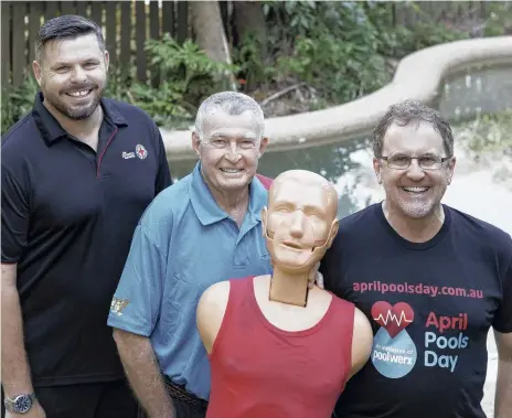  ??  ?? RAISING AWARENESS: Russell Crawford from the Australian Red Cross, with Laurie Lawrence and Poolwerx CEO John O'Brien.